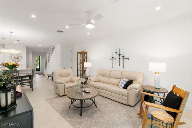 living room with ceiling fan