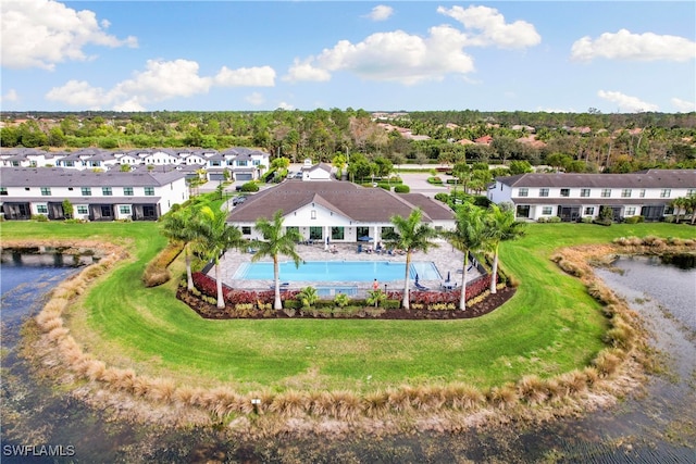 drone / aerial view featuring a water view