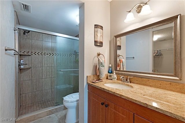 full bath with a shower stall, vanity, visible vents, and toilet