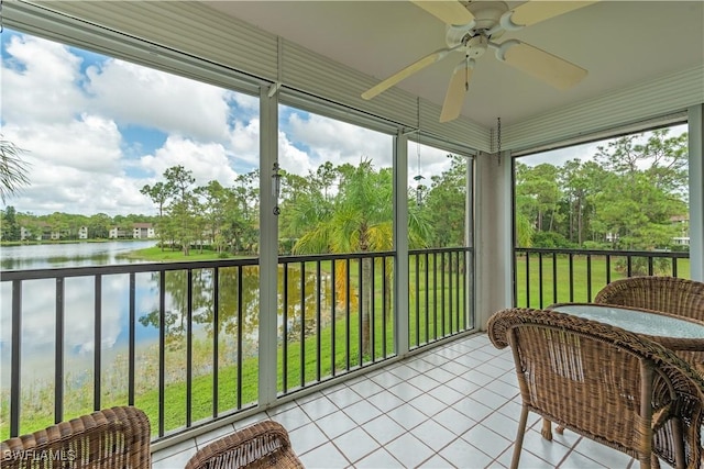 sunroom with a water view and a ceiling fan