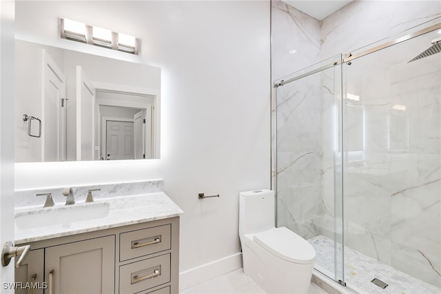 bathroom featuring vanity, toilet, and walk in shower