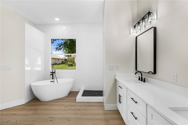 bathroom featuring vanity, wood-type flooring, and independent shower and bath