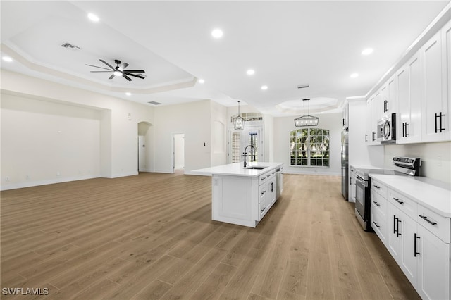 kitchen featuring white cabinetry, sink, a raised ceiling, and appliances with stainless steel finishes