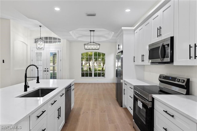 kitchen featuring white cabinetry, stainless steel appliances, a tray ceiling, and sink