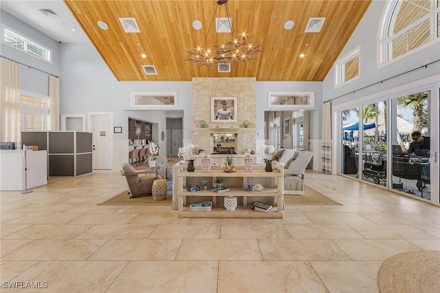 living area with high vaulted ceiling, wood ceiling, and visible vents