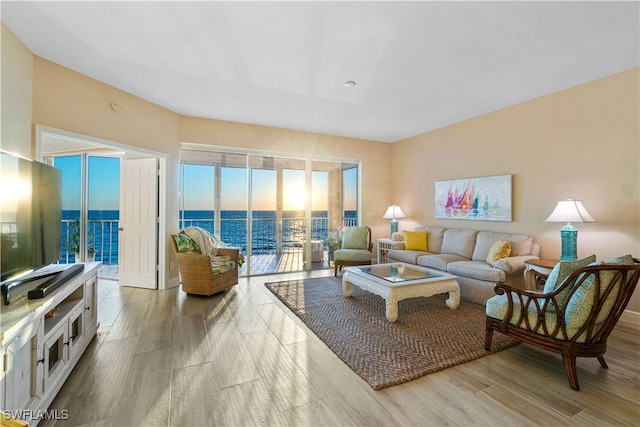 living room featuring a water view and hardwood / wood-style flooring