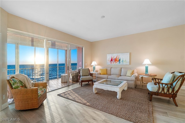 living room with a water view and light hardwood / wood-style flooring