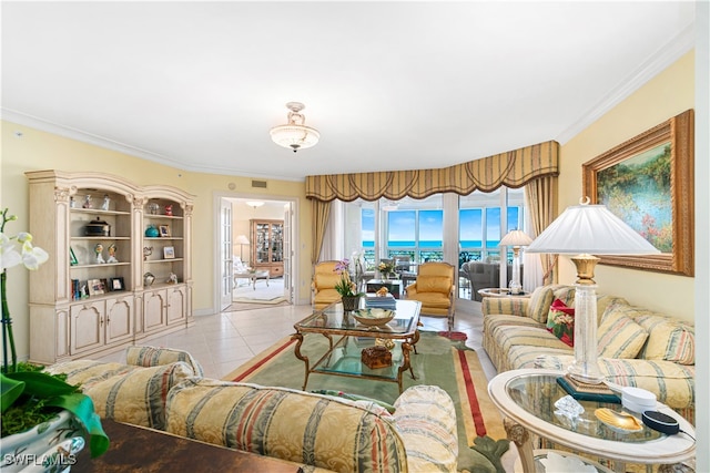 tiled living room with crown molding