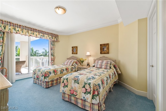 bedroom with ornamental molding, carpet, and access to outside