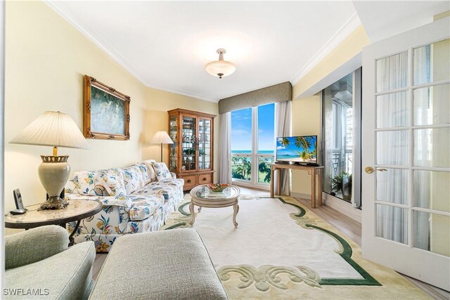 living room featuring ornamental molding and light hardwood / wood-style flooring