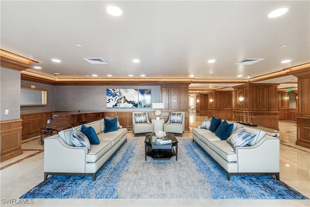 living room featuring ornamental molding