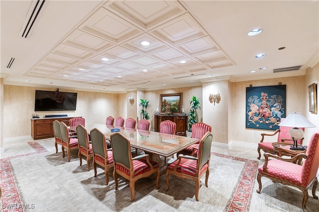 dining area featuring light carpet and crown molding