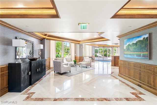 living room featuring crown molding