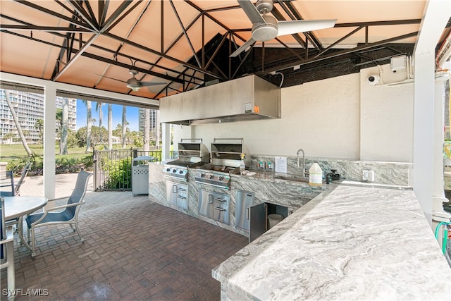 view of patio / terrace with area for grilling, sink, ceiling fan, and a grill