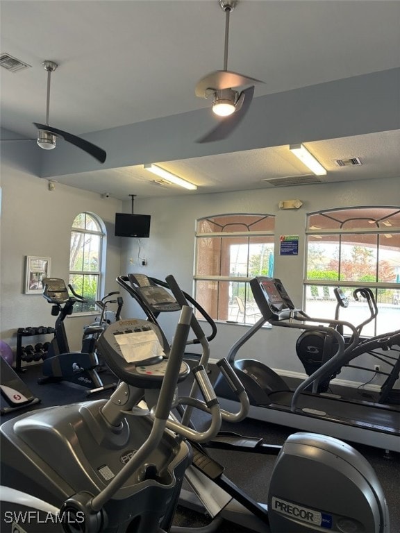 exercise room featuring ceiling fan