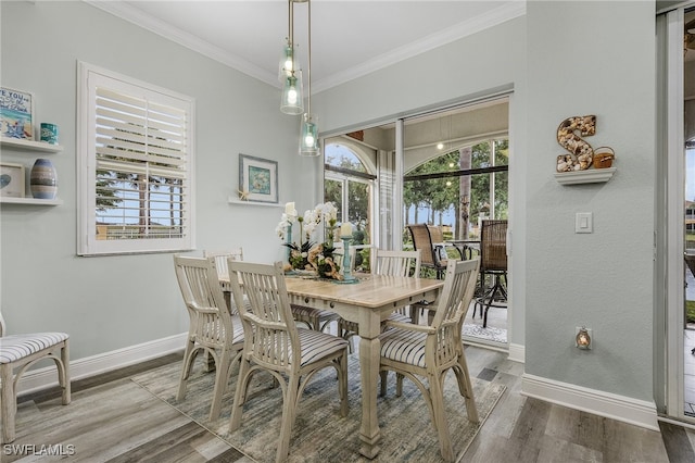 dining space featuring crown molding and hardwood / wood-style flooring