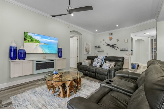 living room featuring ceiling fan, ornamental molding, and light wood-type flooring