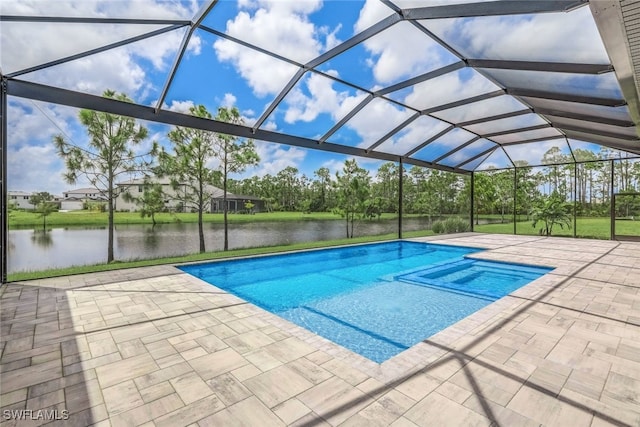 view of swimming pool with a water view, a patio area, and glass enclosure