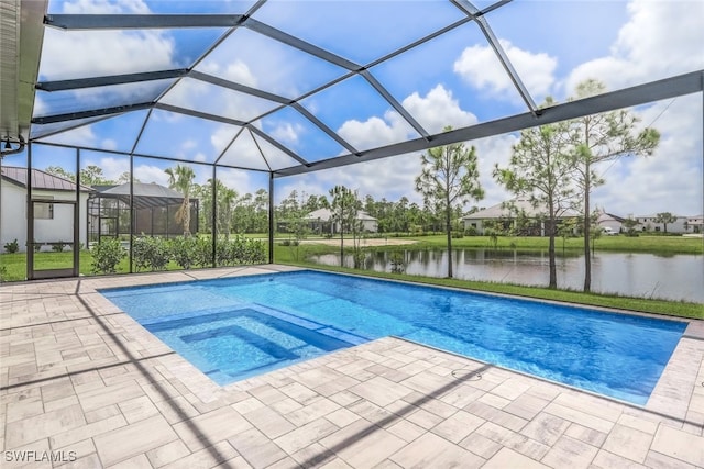 view of pool featuring a lanai, a water view, and a patio