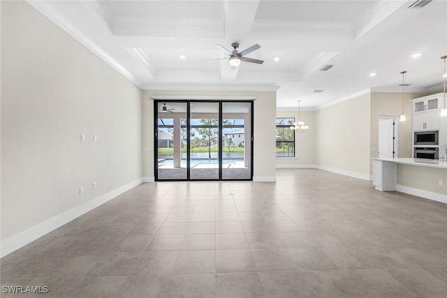 unfurnished living room with coffered ceiling, ceiling fan with notable chandelier, light tile patterned floors, beam ceiling, and crown molding