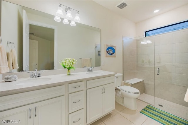 bathroom featuring an enclosed shower, tile patterned flooring, toilet, and vanity