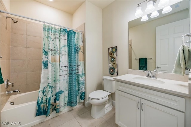 full bathroom with vanity, toilet, tile patterned floors, and shower / bathtub combination with curtain