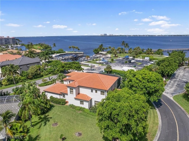 bird's eye view with a water view