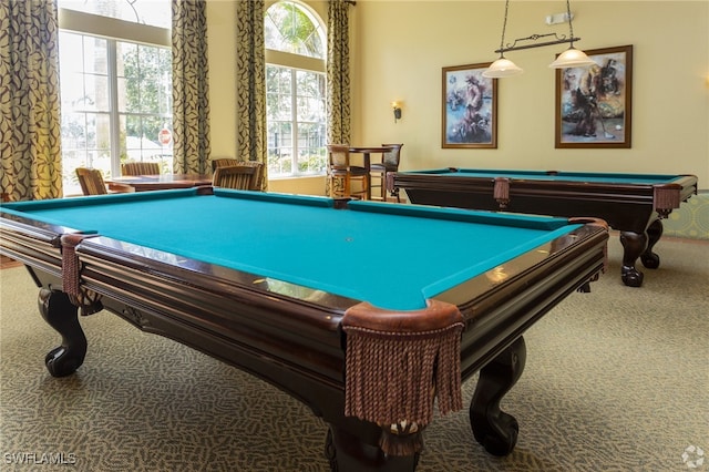 playroom featuring billiards and carpet floors