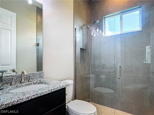 bathroom with toilet, vanity, and walk in shower