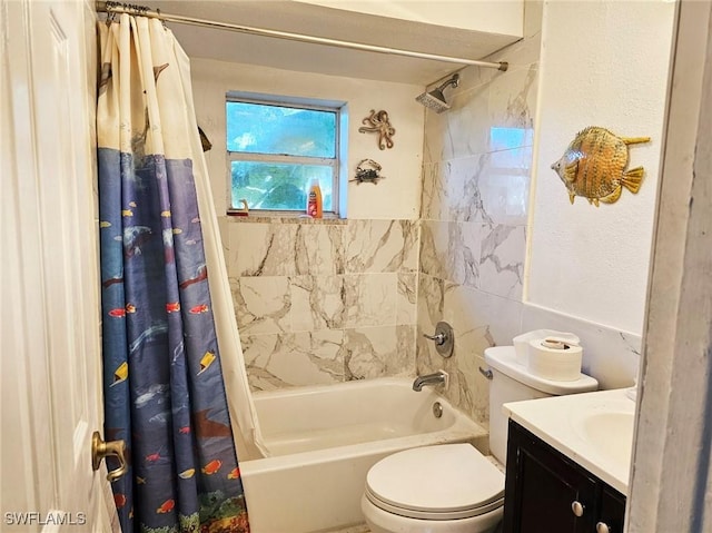 full bathroom featuring vanity, toilet, and shower / bathtub combination with curtain