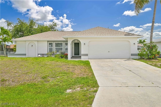 ranch-style house with a garage and a front lawn