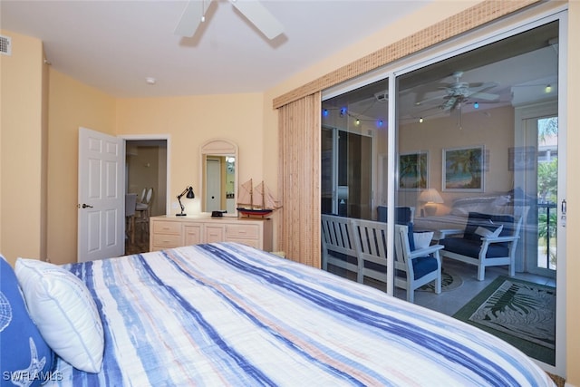 carpeted bedroom with ceiling fan and access to outside