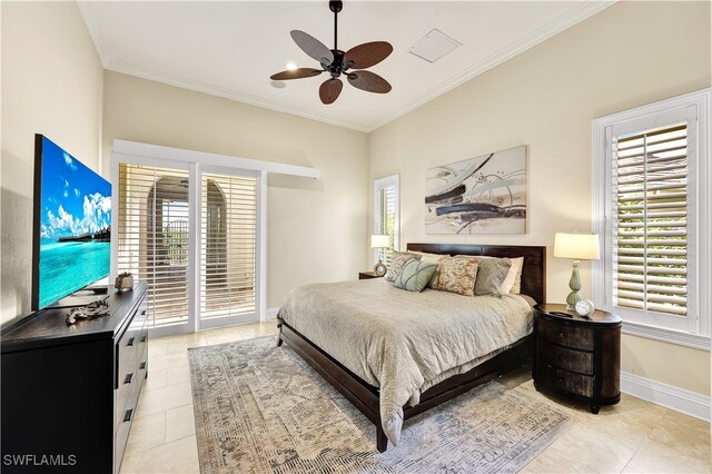 bedroom featuring crown molding, ceiling fan, light tile patterned floors, and access to outside