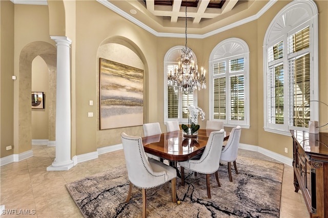 tiled dining area with an inviting chandelier, coffered ceiling, decorative columns, beam ceiling, and ornamental molding