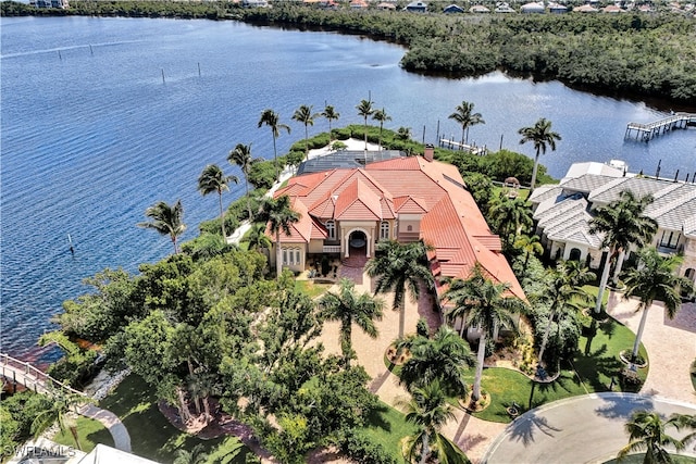 birds eye view of property with a water view