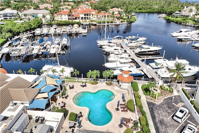 aerial view featuring a water view