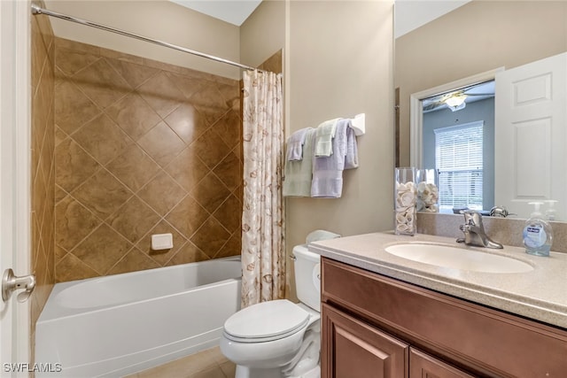 full bath with shower / tub combo, vanity, toilet, and tile patterned floors