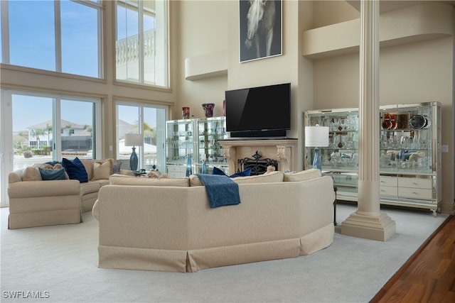 living room with a towering ceiling and wood-type flooring