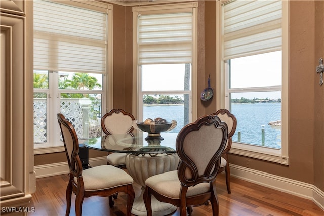 dining space with dark hardwood / wood-style flooring and a water view