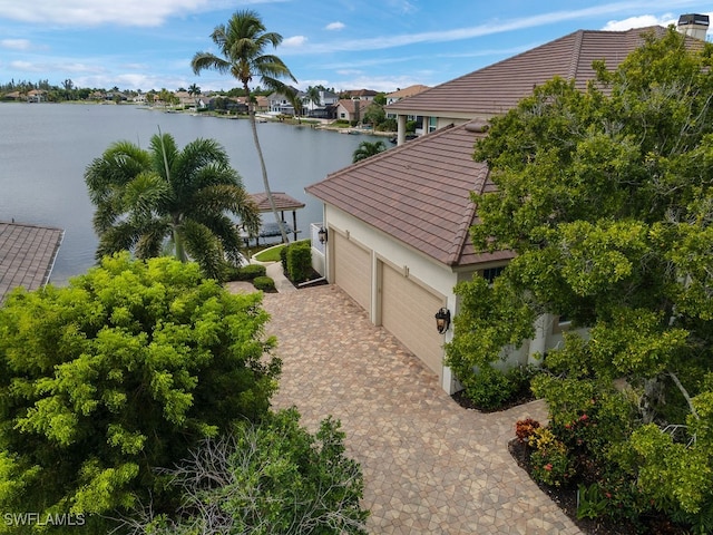 aerial view featuring a water view