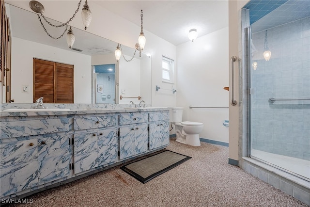 bathroom with vanity, toilet, and a shower with shower door