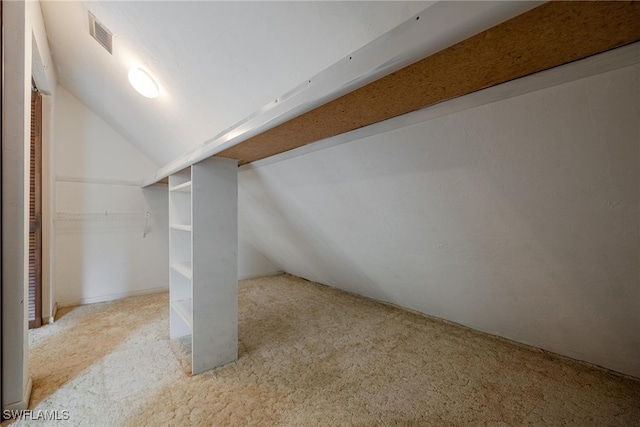 additional living space featuring light colored carpet and vaulted ceiling