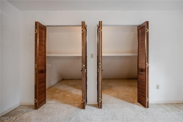 unfurnished bedroom with light colored carpet and a closet