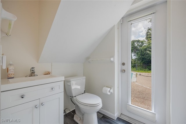 bathroom with a wealth of natural light, vanity, toilet, and wood-type flooring