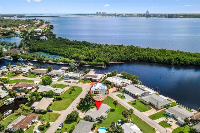 aerial view featuring a water view and a residential view