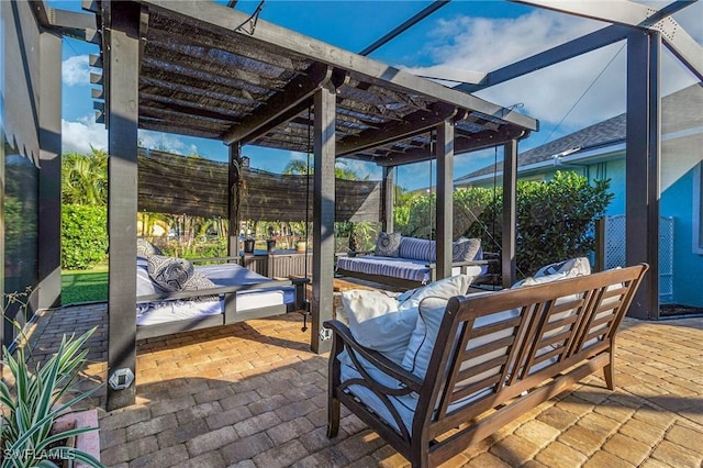 view of patio with outdoor dining area, an outdoor hangout area, and a pergola