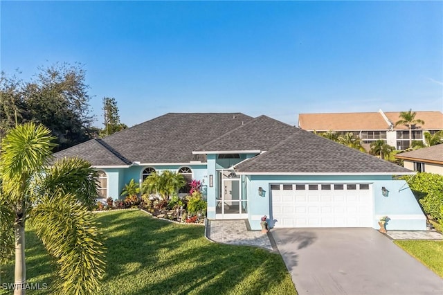 15141 Sam Snead Ln, North Fort Myers, FL 33917 - ranch-style house with a shingled roof, a garage, a front yard, concrete driveway, and stucco siding