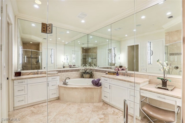 16649 Toscana Cir Unit 803, Naples, FL 34110 - bathroom featuring a shower stall, ornamental molding, and a sink
