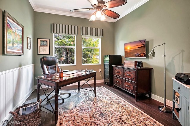 office space featuring ceiling fan, dark hardwood / wood-style flooring, and crown molding