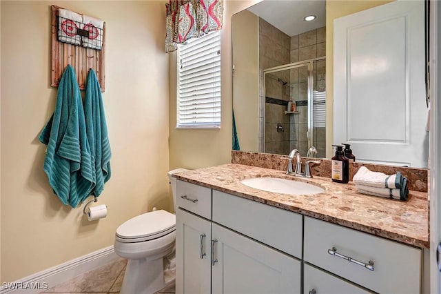 bathroom with tile patterned floors, a shower with door, vanity, and toilet